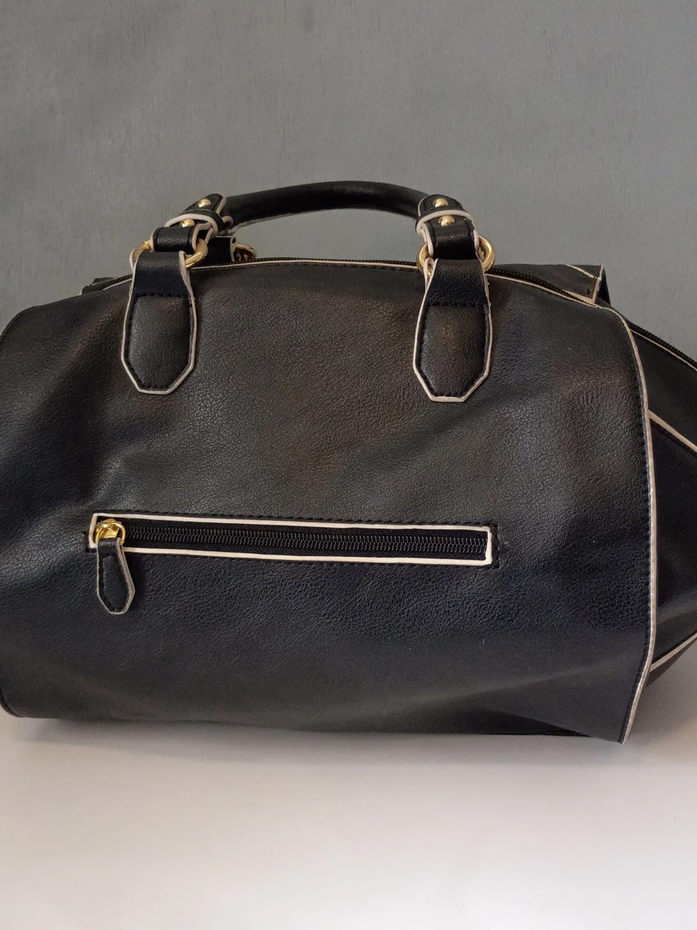 Kardashian Kollection Black Satchel with Cream Trim and Gold Accents